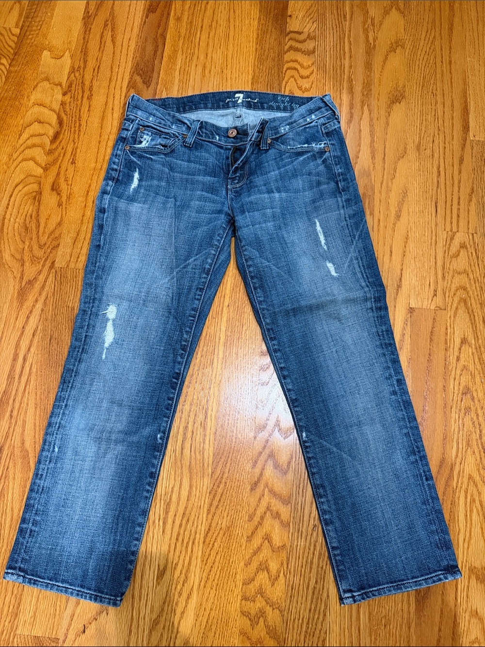 7 For All Mankind Women's Straight-Leg Distressed Blue Jeans cropped inseam 23
